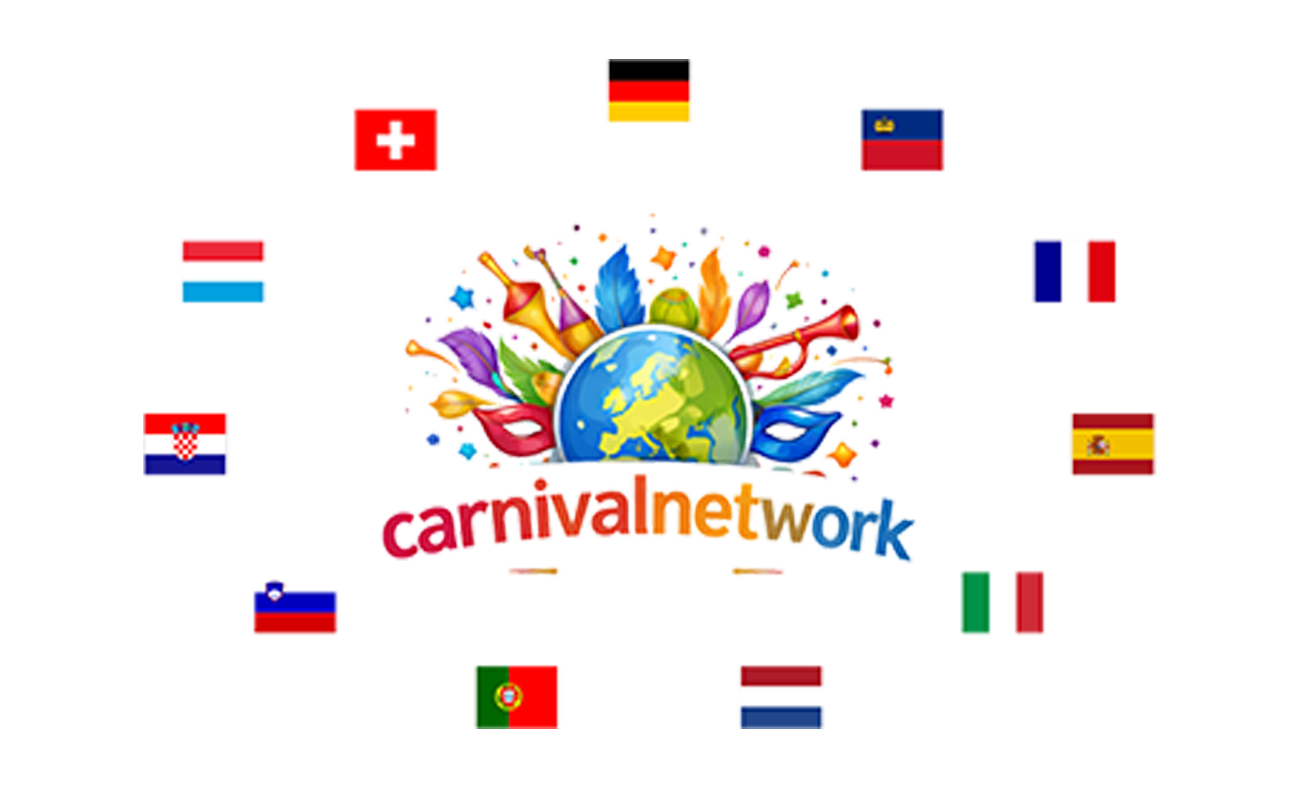 Logo der CarnivalNetwork Das Bild zeigt ein Logo mit dem Text "carnivalnetwork" in verschiedenen Farben, umgeben von Flaggen verschiedener Länder. Im Hintergrund ist ein Globus mit einem Maskenball-Atmosphäre.